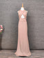 Stunning Pink Sleeveless Cross Neck Beaded Satin Long Prom Dresses Evening Dresses