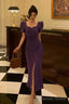 Stunning Sheath Square Neckline Short Sleeves Date Night Dress Grape Prom Dresses Birthday Outfit