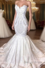 Stunning Strapless Mermaid White Beach Wedding Dresses Modern Low Back Bridal Gowns on Sale