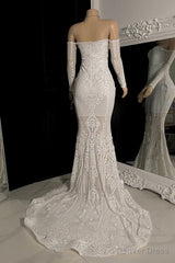 Stunning White Long Sleeves Mermaid Prom Dresses Off-the-Shoulder Long