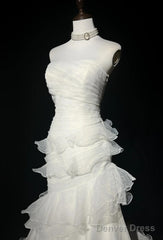 Stunning White Strapless Mermaid Organza Long Prom Dress Simple Wedding Dress