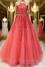 Stylish Backless Coral Lace Long Prom Dress, Coral Lace Prom Graduation Prom Dresses