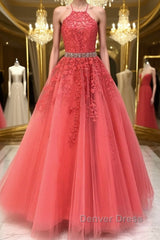 Stylish Backless Coral Lace Long Prom Dresses, Coral Lace Formal Graduation Evening Dresses