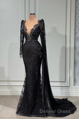 Stylish Black A-line Mermaid Evening Dresses Deep V-Neck Beadings Long Sleeves Prom Dresses
