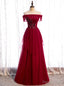 Stylish Burgundy Tulle Off the Shoulder Appliques Beading Prom Dresses
