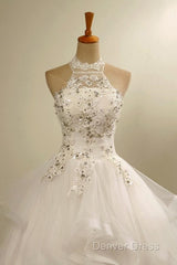 Stylish Halter Floor-Length Organza Wedding Dresses With Appliques Beading