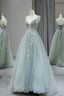 Stylish Spaghetti Strap Tulle Floor Length Prom Dress, Gray Green V Neck Backless Prom Dresses