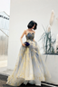 Stylish Tulle Sequins Long Prom Dress, A Line Strapless Prom Dresses