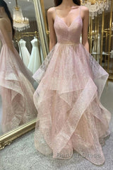 Stylish V Neck Backless Rose Gold Long Prom Dresses, Backless Rose Gold Formal Dresses, Fluffy Rose Gold Evening Dresses