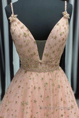 Stylish V Neck Pink Long Prom Dresses with Stars Sequins, Long Pink Formal Evening Dresses