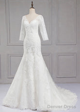Sweep Train V-Neck 3/4 Sleeves Lace Wedding Dresses
