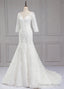 Sweep Train V Neck 3 4 Sleeves Lace Wedding Dresses