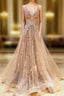 Sweep Train V Neck Lace Tulle Yarn Princess Prom Dresses With Glitter