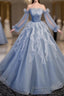 Sweet And Elegant Sky Blue Beaded Sequins Off The Shoulder Long Sleeved Ball Dresses Sky Blue A-Line/Princess Strapless Backless Strap And Ground Length Prom Dresses