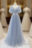 Sweet And Elegant Sky Blue Beaded Short Sleeved Sheer Ball Dresses With Sky Blue A-Shaped Backless Strap And Ground Length Prom Dresses