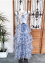 Sweet Blue And White Floral Printed Bow Ribbon Multi-Layered Tiered Chiffon Long Prom Dresses Evening Dresses