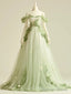 Sweet Light Green A-Line Off Shoulder Neck Tulle Long Prom Dress Birthday Prom Dress