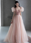 Sweet Pink A-Line Puff Sleeve Beaded Tulle Long Prom Dresses Evening Dresses