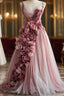 Sweet Pink A Line Sweetheart Neck Tulle Long Prom Dress 3D Applique Wedding Dresses
