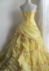 Sweet Yellow A-Line Strapless Organza Wedding Dress With Appliques And Rhinestones Long Ball Gown