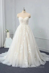Sweetheart Backless Long Wedding Dresses Tulle With Lace Appliques