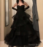 Sweetheart Black Rufflue Long Prom Evening Dress
