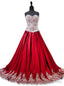 Sweetheart Gold Lace Appliques Ball Gown Red Prom Dresses