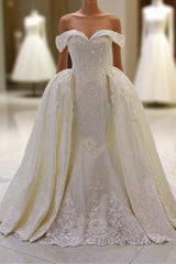 Sweetheart Lace Appliques Off the Shoulder Detachable Train Wedding Dresses