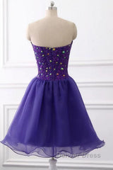 Sweetheart Neck Beaded Dark Purple Short Prom Dresses, Strapless Dark Purple Homecoming Dresses, Dark Purple Beaded Formal Evening Dresses