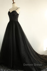 Sweetheart Neck Black Tulle Long Prom Dresses, Thin Straps Black Formal Evening Dresses, Black Ball Gown