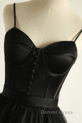 Sweetheart Neck Black Tulle Long Prom Dresses, Thin Straps Black Formal Evening Dresses, Black Ball Gown