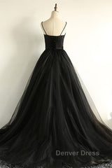 Sweetheart Neck Black Tulle Long Prom Dresses, Thin Straps Black Formal Evening Dresses, Black Ball Gown