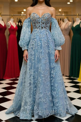 Sweetheart Neck Blue Lace Appliques Long Prom Dresses with Long Sleeves, Blue Lace Floral Formal Graduation Evening Dresses