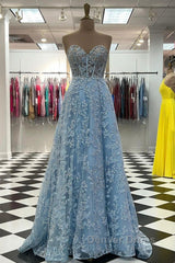 Sweetheart Neck Blue Lace Appliques Long Prom Dresses with Long Sleeves, Blue Lace Floral Formal Graduation Evening Dresses