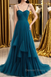 Sweetheart Neck Blue Long Prom Dresses, Long Blue Formal Graduation Evening Dresses