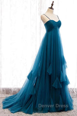 Sweetheart Neck Blue Long Prom Dresses, Long Blue Formal Graduation Evening Dresses