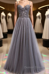 Sweetheart Neck Grey Sequins Tulle Long Prom Dresses, Grey Sequins Formal Evening Dresses