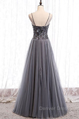 Sweetheart Neck Grey Sequins Tulle Long Prom Dresses, Grey Sequins Formal Evening Dresses