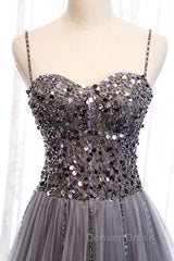 Sweetheart Neck Grey Sequins Tulle Long Prom Dresses, Grey Sequins Formal Evening Dresses