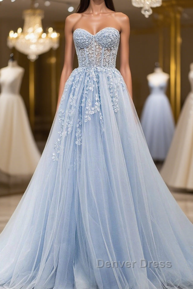 Sweetheart Neck Light Blue Lace Tulle Long Prom Dress, Light Blue Lace