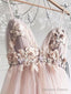 Sweetheart Neck Pink Floral Tulle Prom Dress, Pink Floral Wedding Prom Graduation Dresses