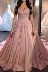 Sweetheart Neck Pink Lace Prom Dresses, Pink Lace Long Formal Evening Dresses