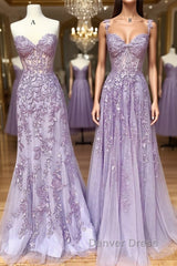 Sweetheart Neck Purple Lace Long Prom Dresses, Strapless Purple Formal Dresses, Mermaid Purple Evening Dresses