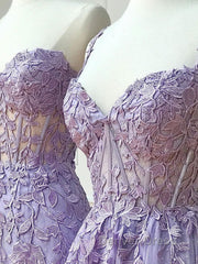 Sweetheart Neck Purple Lace Long Prom Dresses, Strapless Purple Formal Dresses, Mermaid Purple Evening Dresses