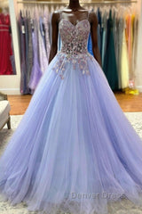 Sweetheart Neck Purple Tulle Long Prom Dresses with Lace Appliques, Purple Lace Formal Graduation Evening Dresses