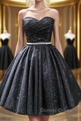Sweetheart Neck Strapless Black Short Prom Dresses, Open Back Black Homecoming Dresses, Black Formal Evening Dresses