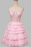 Sweetheart Pink Lace Corset Tiered Short Homecoming Dresses