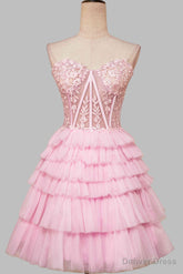 Sweetheart Pink Lace Corset Tiered Short Homecoming Dress