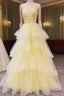 Sweetheart Tulle Yellow Ruffles Long Prom Dresses