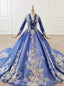 Take Center Stage In Royal Blue Tulle Lace Appliques V Neck Long Sleeve Wedding Dresses